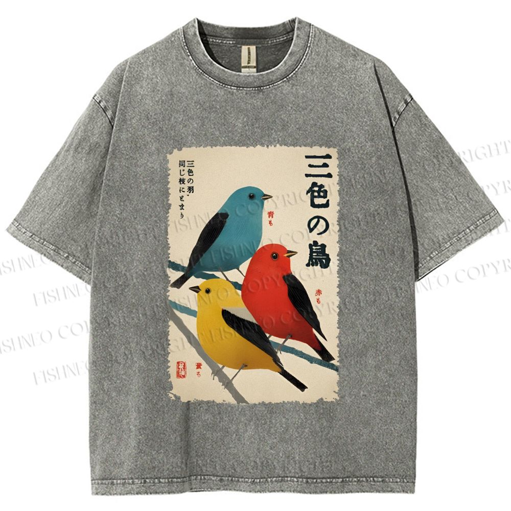 Unisex Tri-Color Birds Ukiyo-e Printed Washed Tee