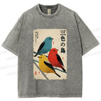 Unisex Tri-Color Birds Ukiyo-e Printed Washed Tee