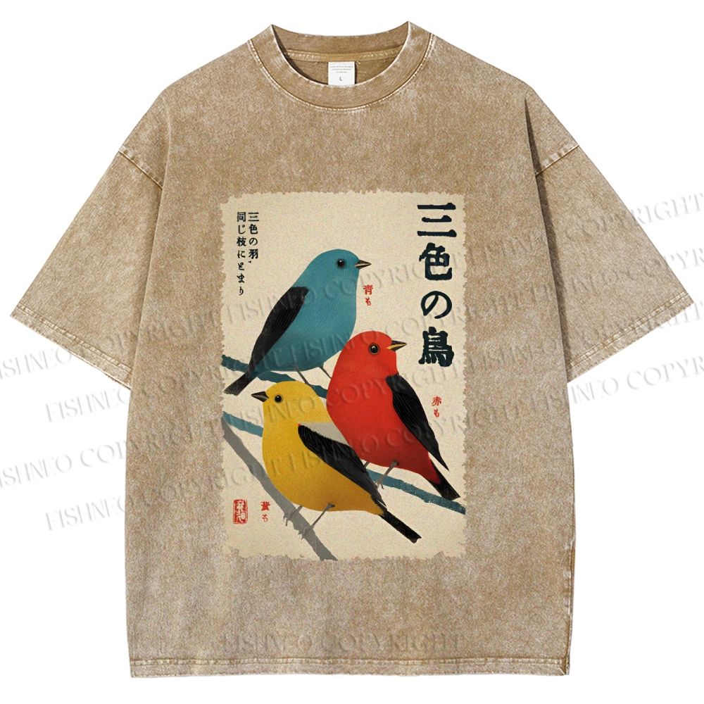 Unisex Tri-Color Birds Ukiyo-e Printed Washed Tee