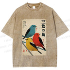 Unisex Tri-Color Birds Ukiyo-e Printed Washed Tee