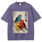 Unisex Tri-Color Birds Ukiyo-e Printed Washed Tee