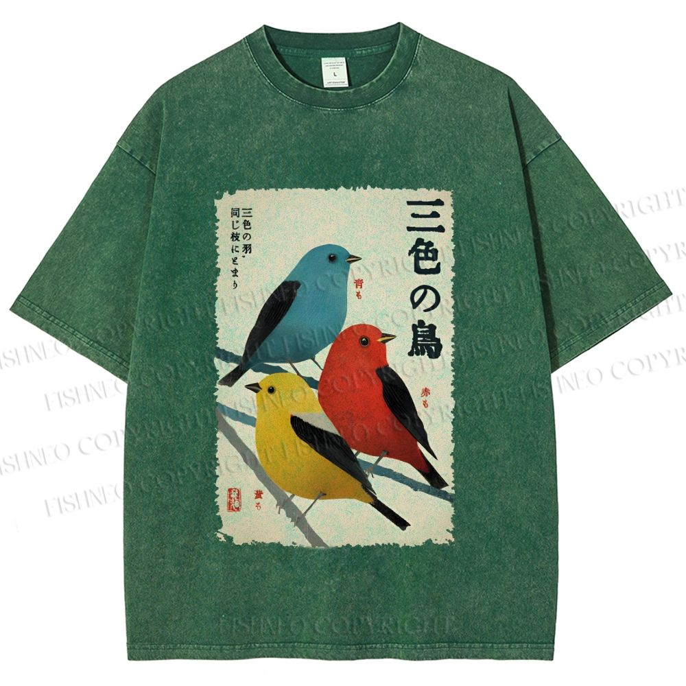 Unisex Tri-Color Birds Ukiyo-e Printed Washed Tee