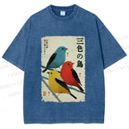 Unisex Tri-Color Birds Ukiyo-e Printed Washed Tee