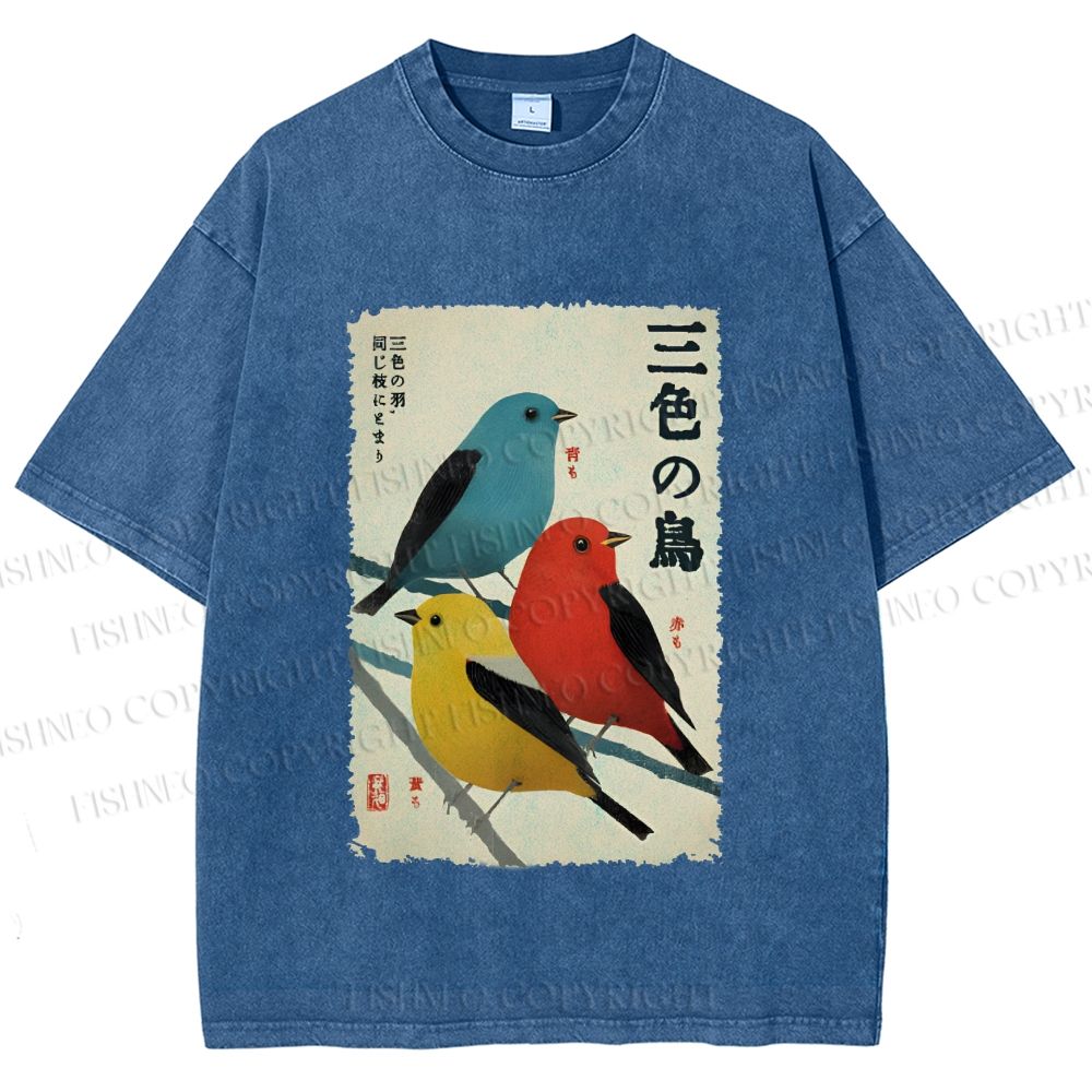 Unisex Tri-Color Birds Ukiyo-e Printed Washed Tee