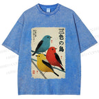 Unisex Tri-Color Birds Ukiyo-e Printed Washed Tee