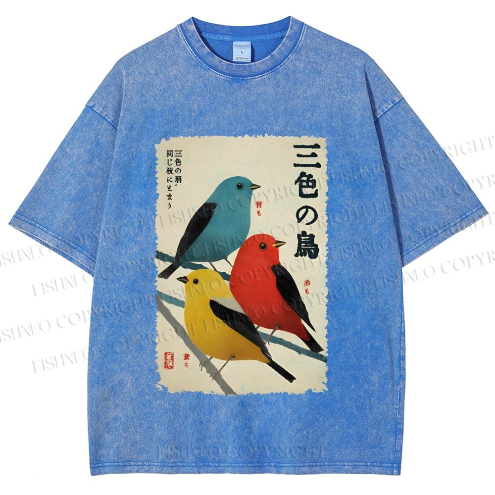 Unisex Tri-Color Birds Ukiyo-e Printed Washed Tee