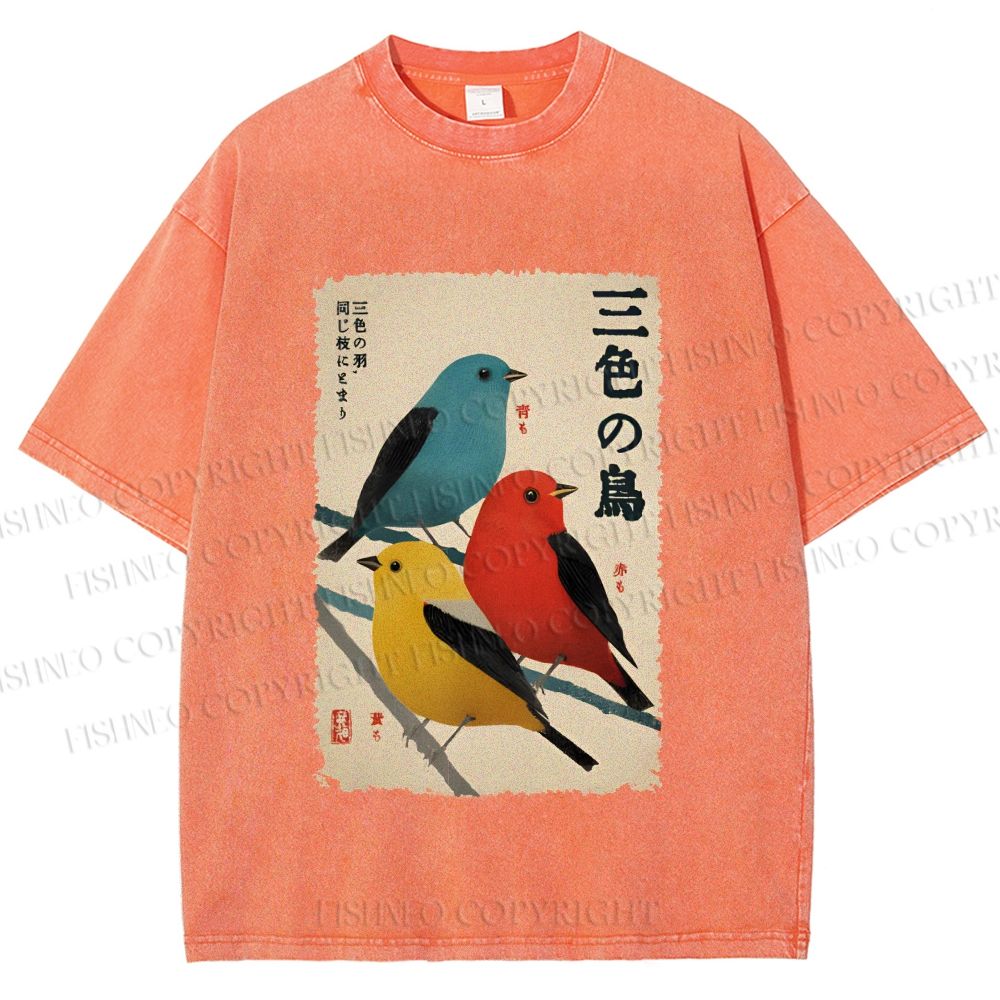 Unisex Tri-Color Birds Ukiyo-e Printed Washed Tee