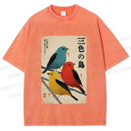 Unisex Tri-Color Birds Ukiyo-e Printed Washed Tee