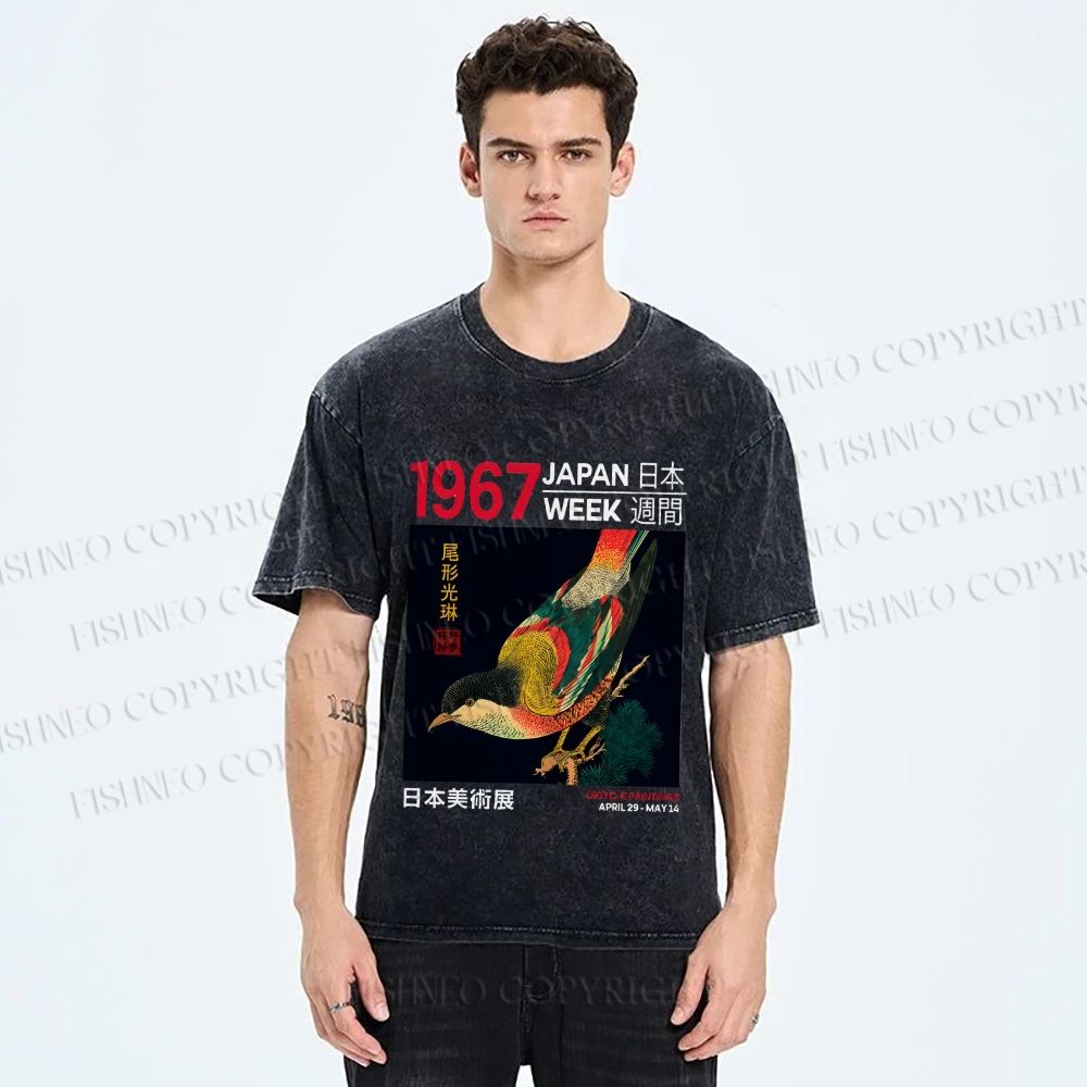 Unisex 1967 Japan Art Exhibition Bird Printed Washed Tee