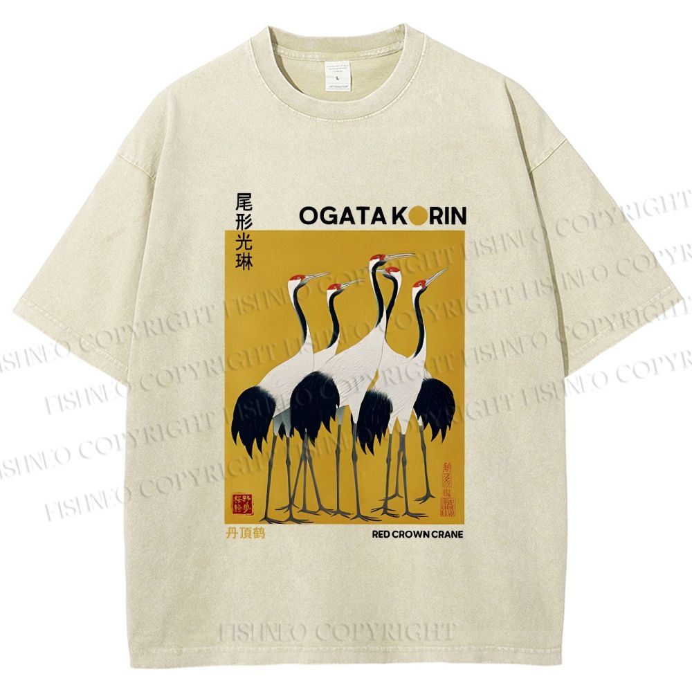 Unisex Ogata Korin Red Crown Cranes Printed Washed Tee