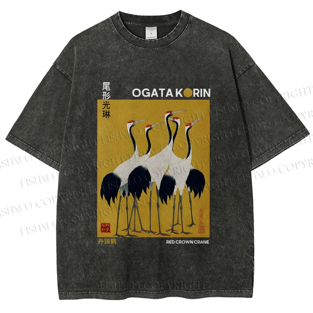 Unisex Ogata Korin Red Crown Cranes Printed Washed Tee