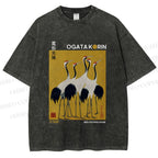 Unisex Ogata Korin Red Crown Cranes Printed Washed Tee