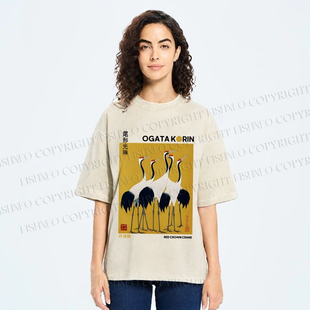 Unisex Ogata Korin Red Crown Cranes Printed Washed Tee