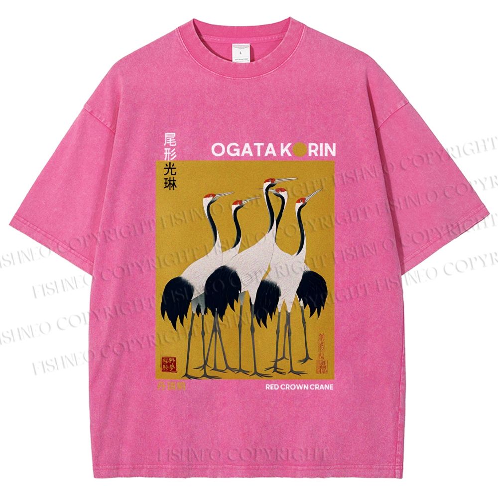 Unisex Ogata Korin Red Crown Cranes Printed Washed Tee