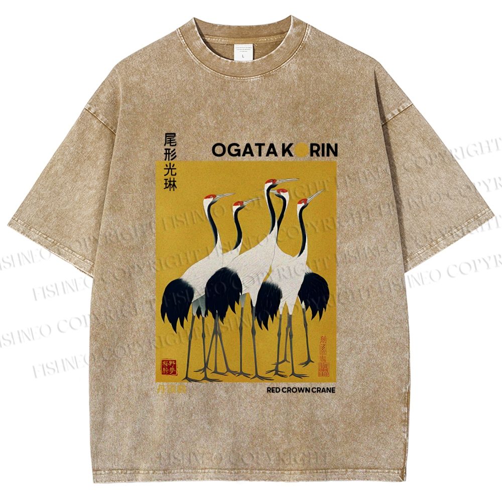 Unisex Ogata Korin Red Crown Cranes Printed Washed Tee