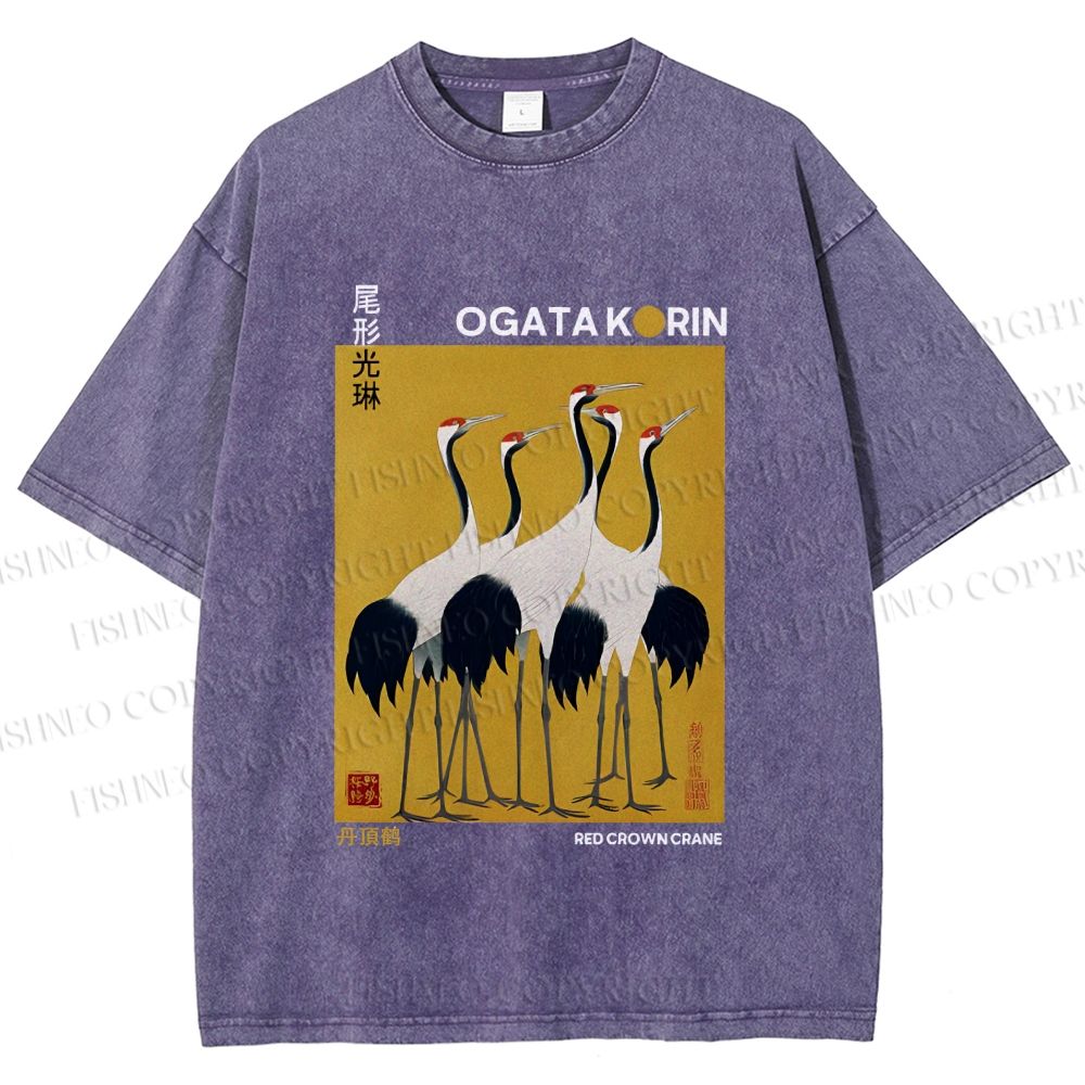 Unisex Ogata Korin Red Crown Cranes Printed Washed Tee