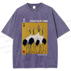 Unisex Ogata Korin Red Crown Cranes Printed Washed Tee