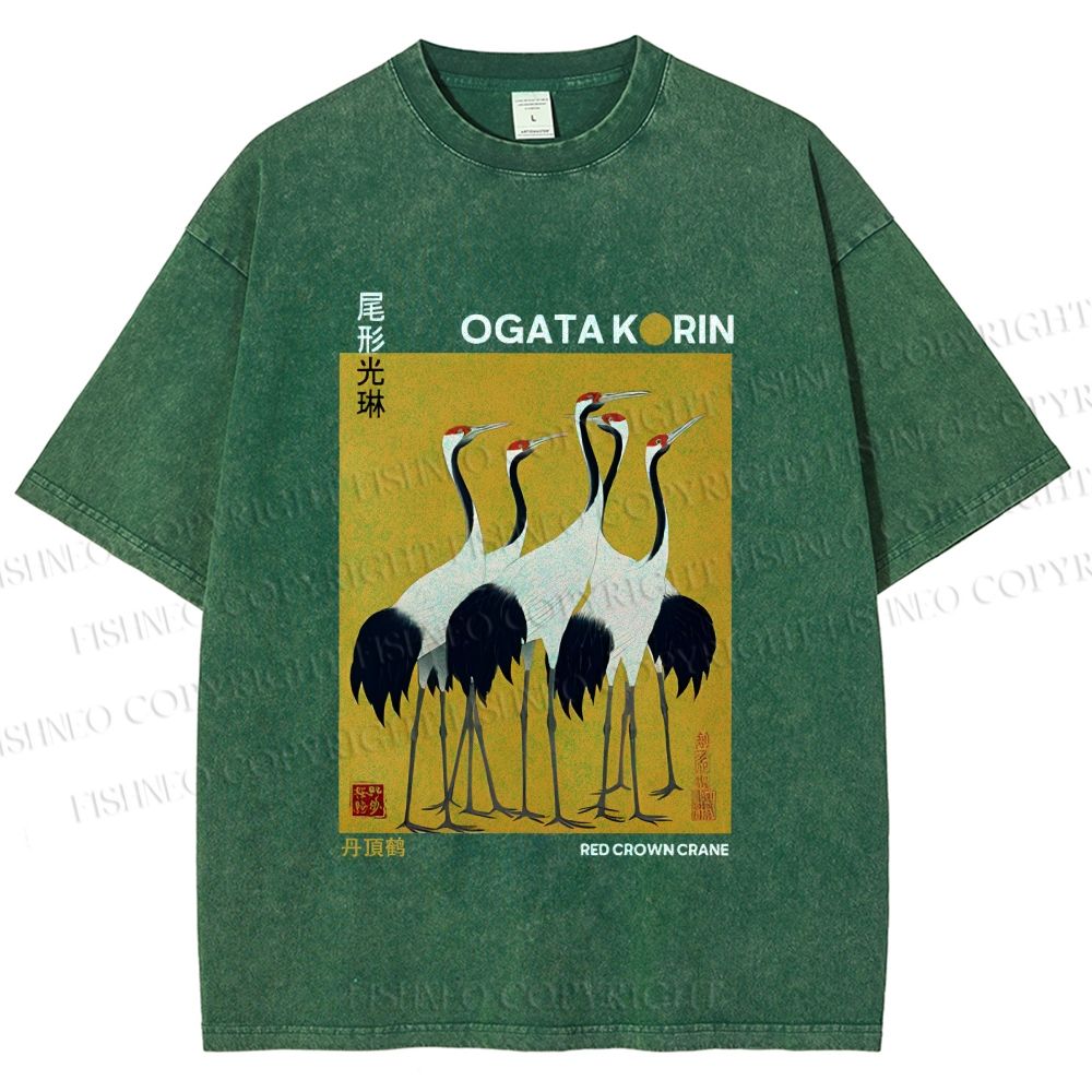Unisex Ogata Korin Red Crown Cranes Printed Washed Tee