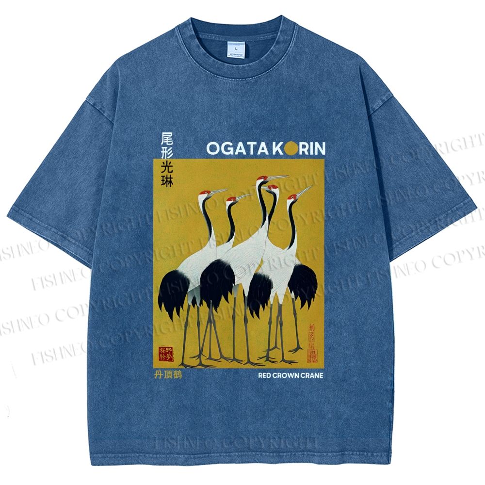 Unisex Ogata Korin Red Crown Cranes Printed Washed Tee