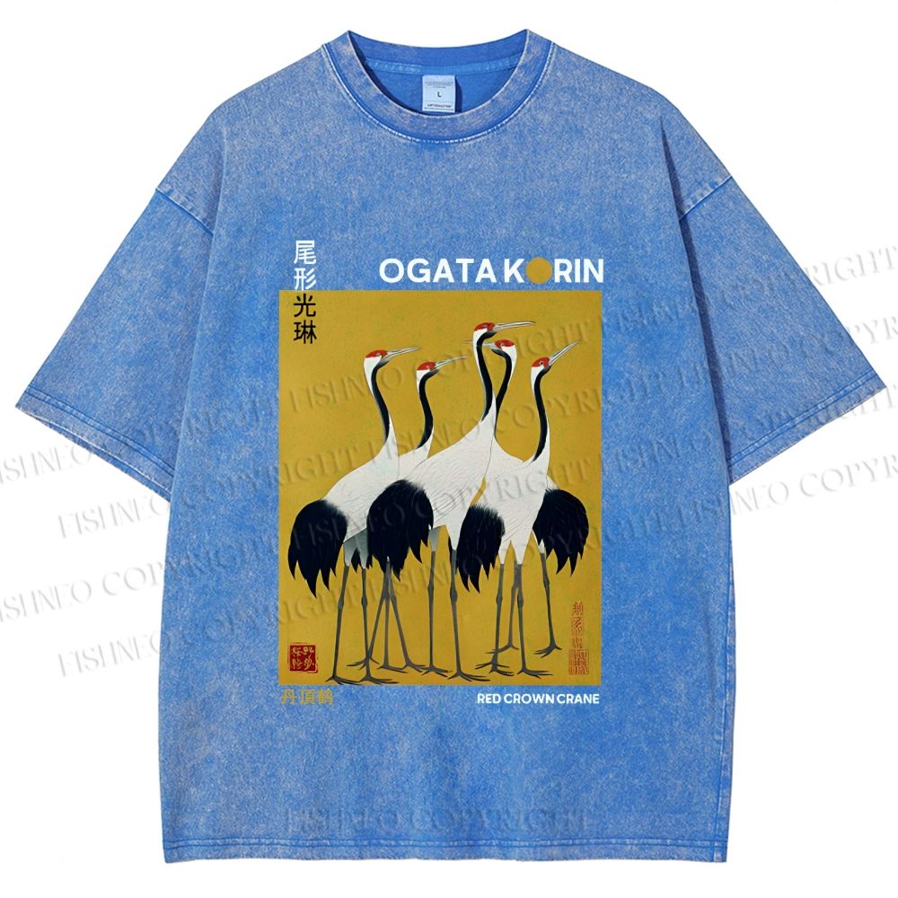 Unisex Ogata Korin Red Crown Cranes Printed Washed Tee
