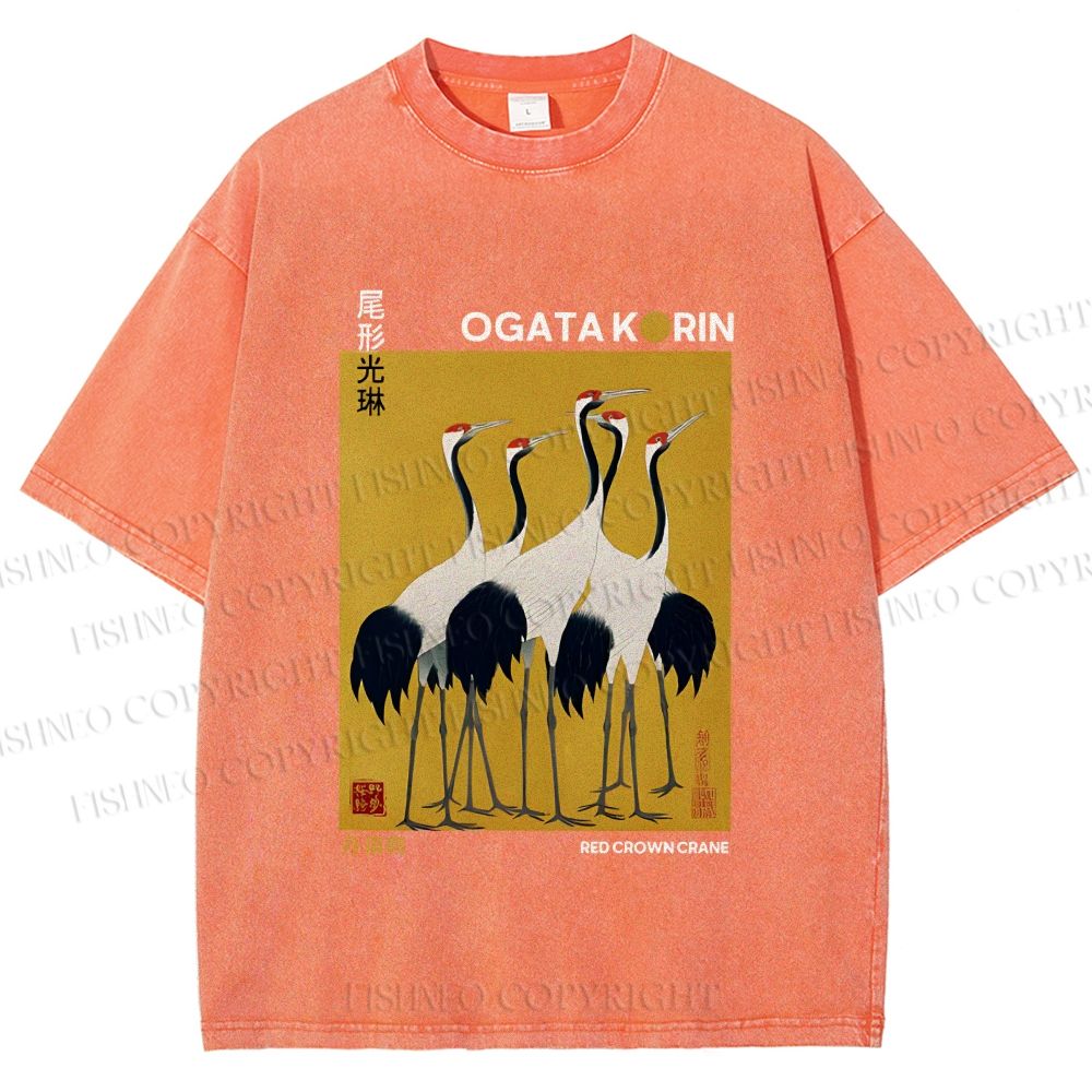 Unisex Ogata Korin Red Crown Cranes Printed Washed Tee