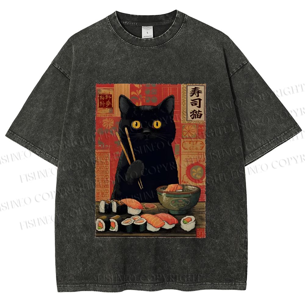 Unisex Sushi Black Cat Printed Washed Tee