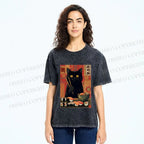 Unisex Sushi Black Cat Printed Washed Tee