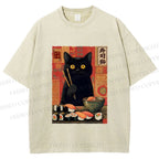 Unisex Sushi Black Cat Printed Washed Tee