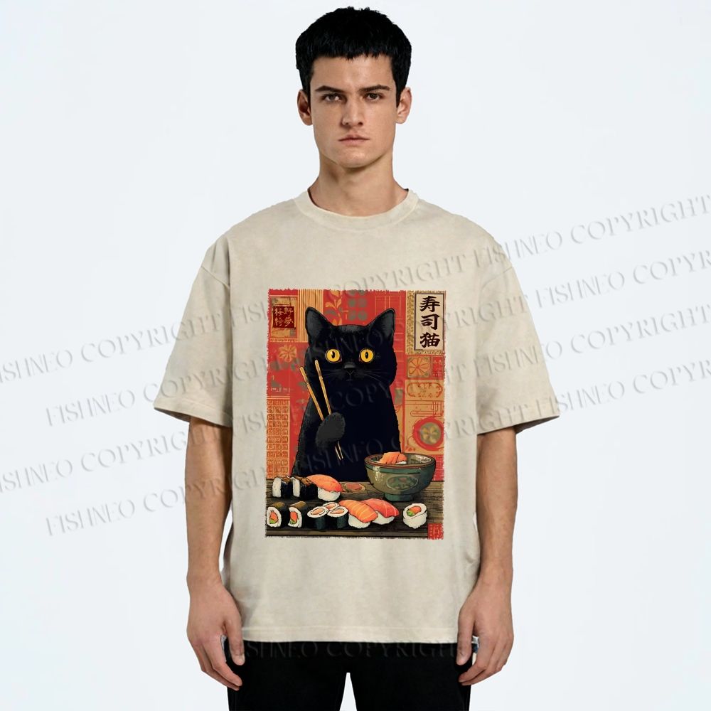 Unisex Sushi Black Cat Printed Washed Tee
