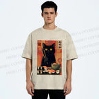 Unisex Sushi Black Cat Printed Washed Tee