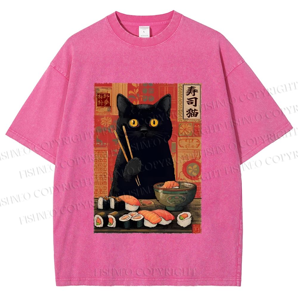 Unisex Sushi Black Cat Printed Washed Tee