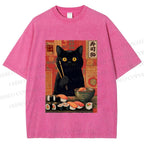 Unisex Sushi Black Cat Printed Washed Tee
