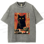Unisex Sushi Black Cat Printed Washed Tee