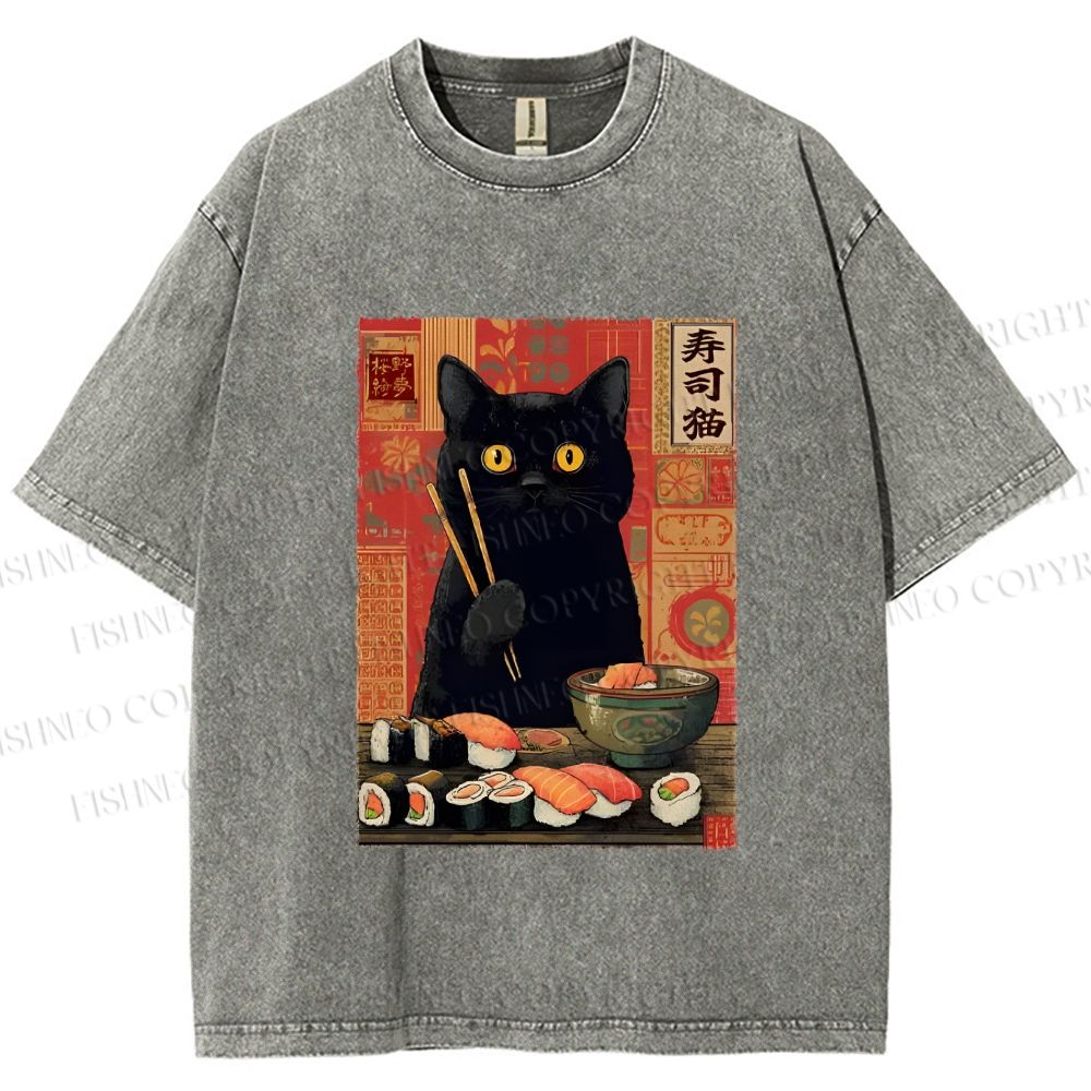 Unisex Sushi Black Cat Printed Washed Tee