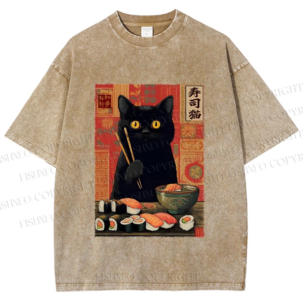 Unisex Sushi Black Cat Printed Washed Tee