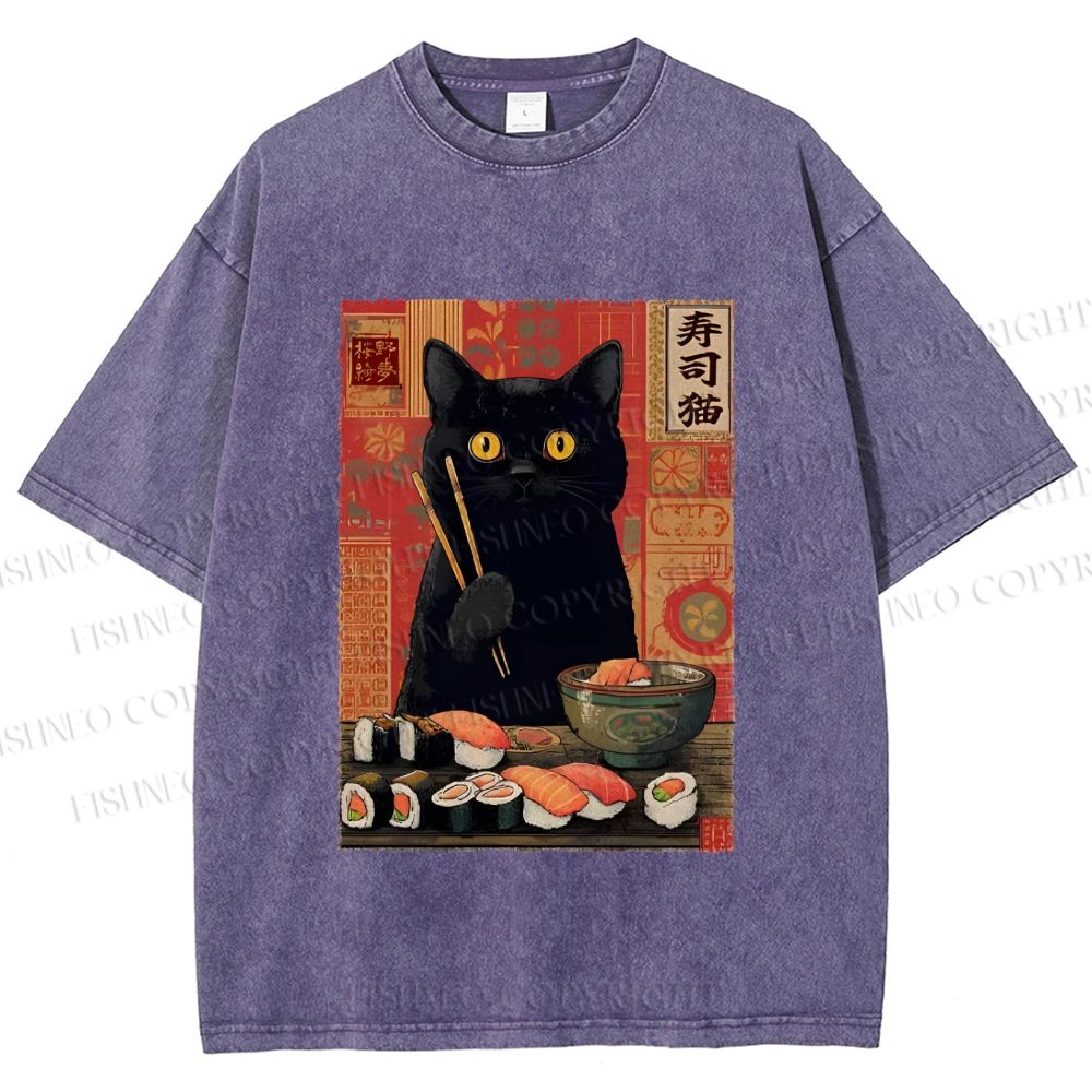 Unisex Sushi Black Cat Printed Washed Tee
