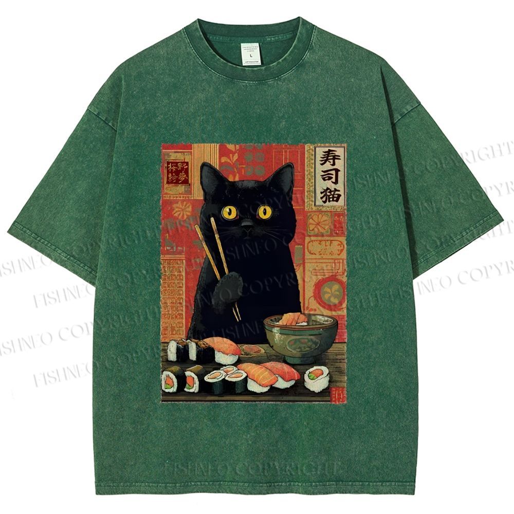 Unisex Sushi Black Cat Printed Washed Tee