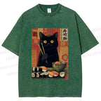 Unisex Sushi Black Cat Printed Washed Tee