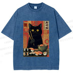 Unisex Sushi Black Cat Printed Washed Tee
