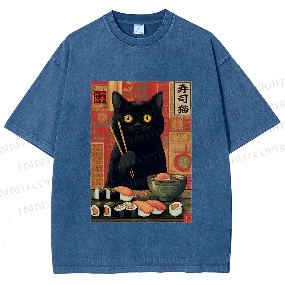 Unisex Sushi Black Cat Printed Washed Tee