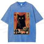 Unisex Sushi Black Cat Printed Washed Tee