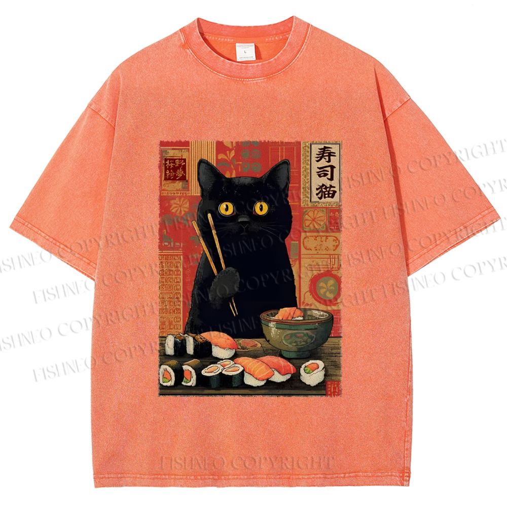 Unisex Sushi Black Cat Printed Washed Tee