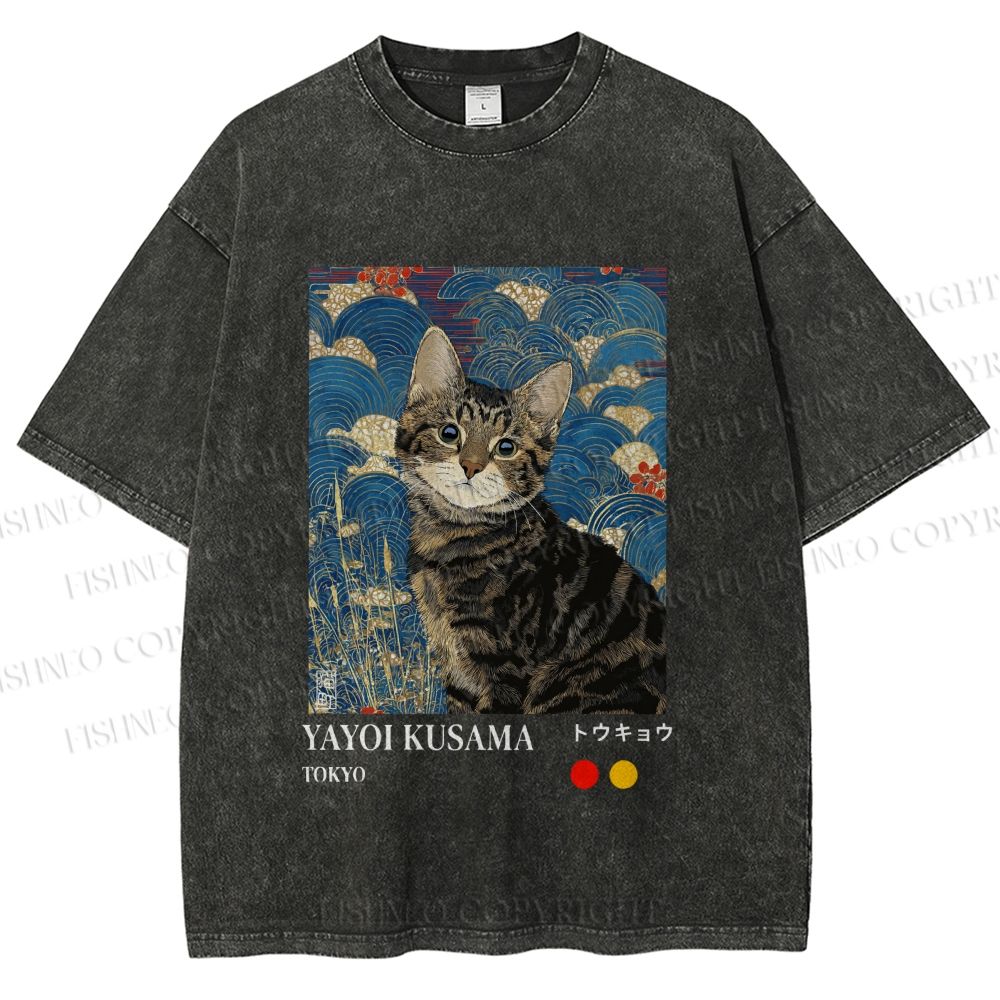 Unisex Kusama-Style Tabby Cat Printed Washed Tee