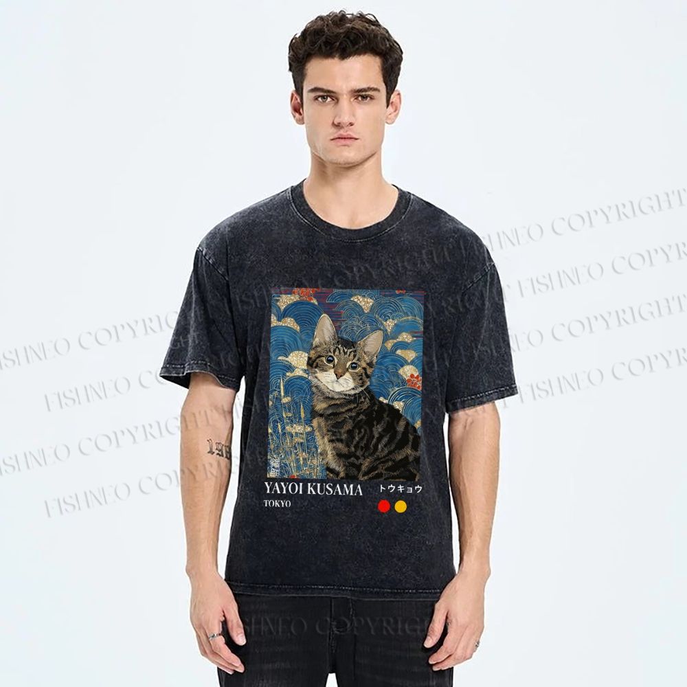 Unisex Kusama-Style Tabby Cat Printed Washed Tee