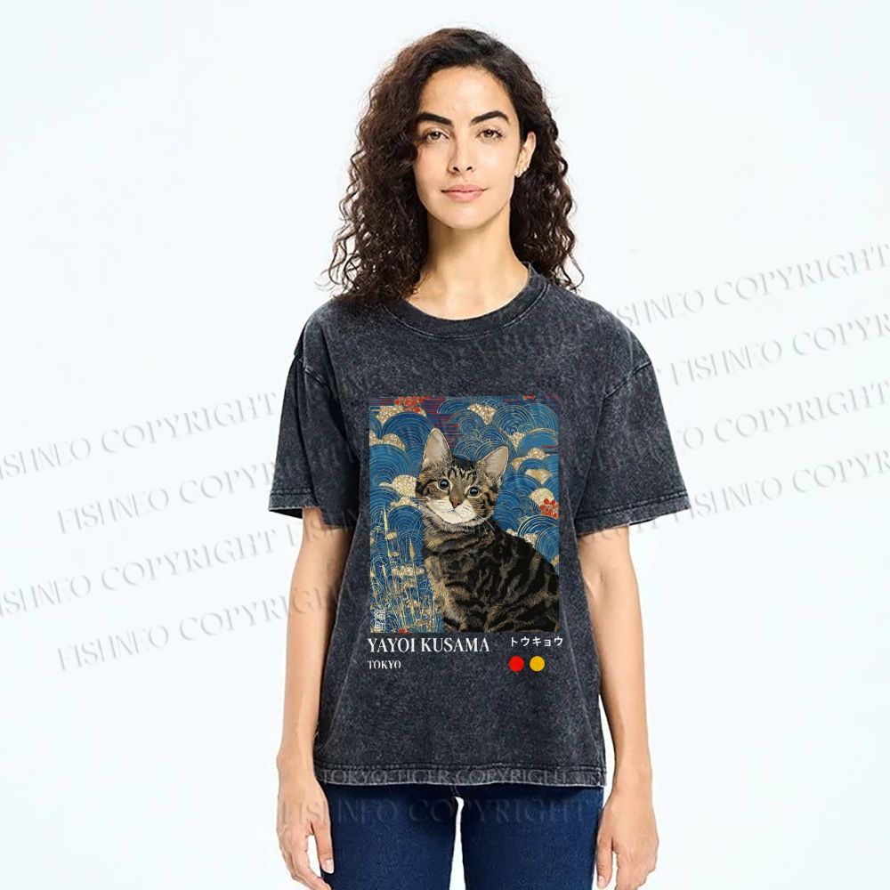 Unisex Kusama-Style Tabby Cat Printed Washed Tee
