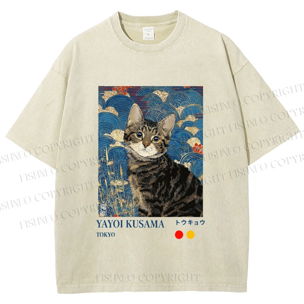 Unisex Kusama-Style Tabby Cat Printed Washed Tee
