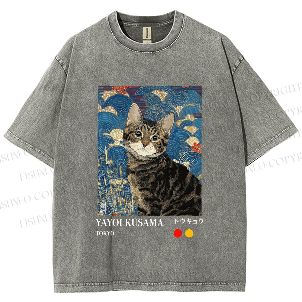 Unisex Kusama-Style Tabby Cat Printed Washed Tee