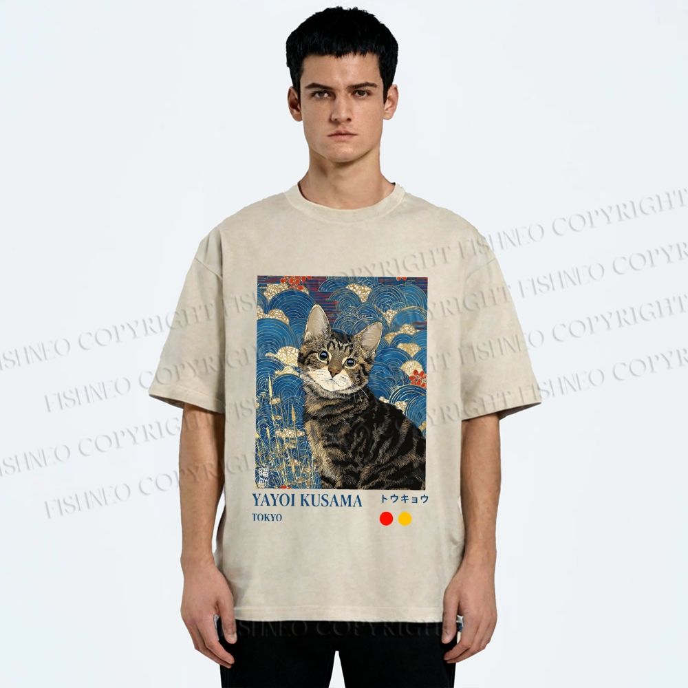 Unisex Kusama-Style Tabby Cat Printed Washed Tee
