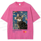 Unisex Kusama-Style Tabby Cat Printed Washed Tee