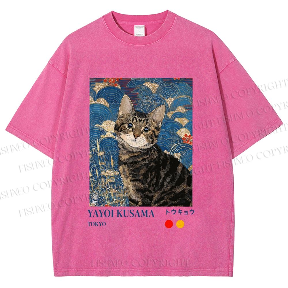 Unisex Kusama-Style Tabby Cat Printed Washed Tee